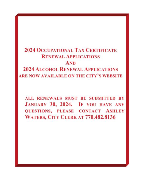 2024 Occupational Tax Certificate Renewal Applications and 2024 Alcohol Renewal Applications Are Now Available on the City's Website